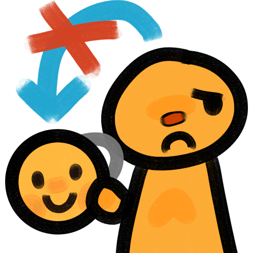 a yellow-orange person with a red nose and an upset expression, they are holding a bright yellow smiling mask. a blue arrow with a red x over it is coming from the person and pointing at the mask